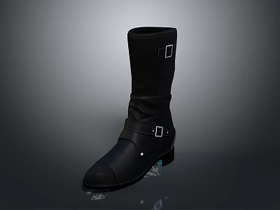 Black Leather Mid Calf Boots With Buckle Straps And Classic Design For Daily Use 3d model