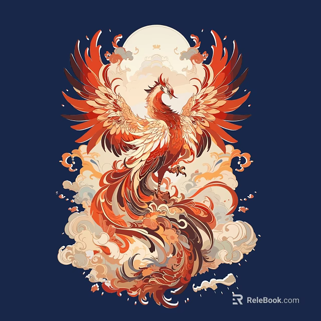 Vibrant Phoenix Themed Wall Decor With Cloud Patterns Flame Like Designs And Deep Blue Background 3d model 