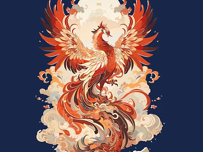Vibrant Phoenix Themed Wall Decor With Cloud Patterns Flame Like Designs And Deep Blue Background 3d model