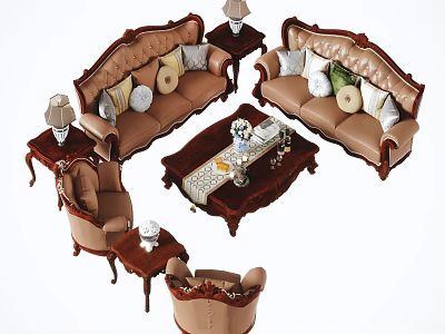 Classic Carved Wooden Sofa Coffee Table Set With Beige Upholstery And Accent Pillows 3d model