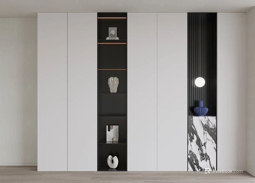 Modern Bookcase Design With White And Black Panels And Marble Accent For Living Room 3d model 