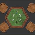 Hexagonal Game Table With Green Felt Top And Playing Cards Surrounded By Wooden Chairs