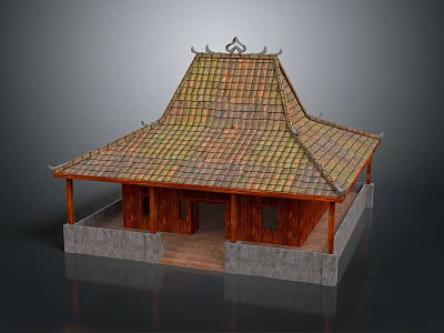 Cartoon Traditional Building Scene With Tile Roof Curved Eaves And Stone Base 3d model