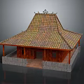 Cartoon Traditional Building Scene With Tile Roof Curved Eaves And Stone Base