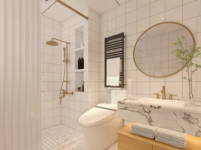 Modern Bright Minimalist Bathroom Interior With White Tiled Walls Round Gold Mirror Marble Vanity 3d model