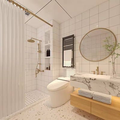 Modern Bright Minimalist Bathroom Interior With White Tiled Walls Round Gold Mirror Marble Vanity 3d model