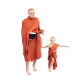 Buddhist monks wearing red robes performing different actions holding yellow bowl and running