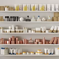 Elegant Perfume Cosmetics Arrangement With Various Bottles Jars And Boxes On Shelves