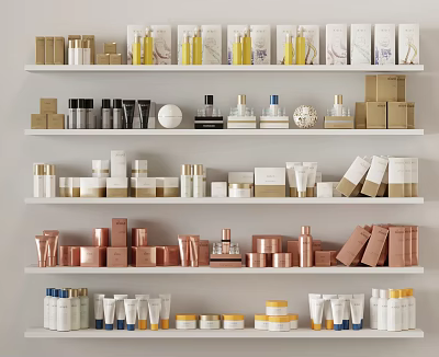 Elegant Perfume Cosmetics Arrangement With Various Bottles Jars And Boxes On Shelves 3d model