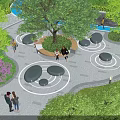 Scenic Park Landscape With Large Trees Circular Paved Area Rock Seats Purple Flowers And Visitors