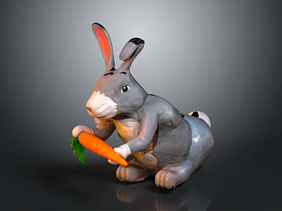Gray Rabbit With Pink Ears Holding Fresh Carrot On Gray Background 3d model