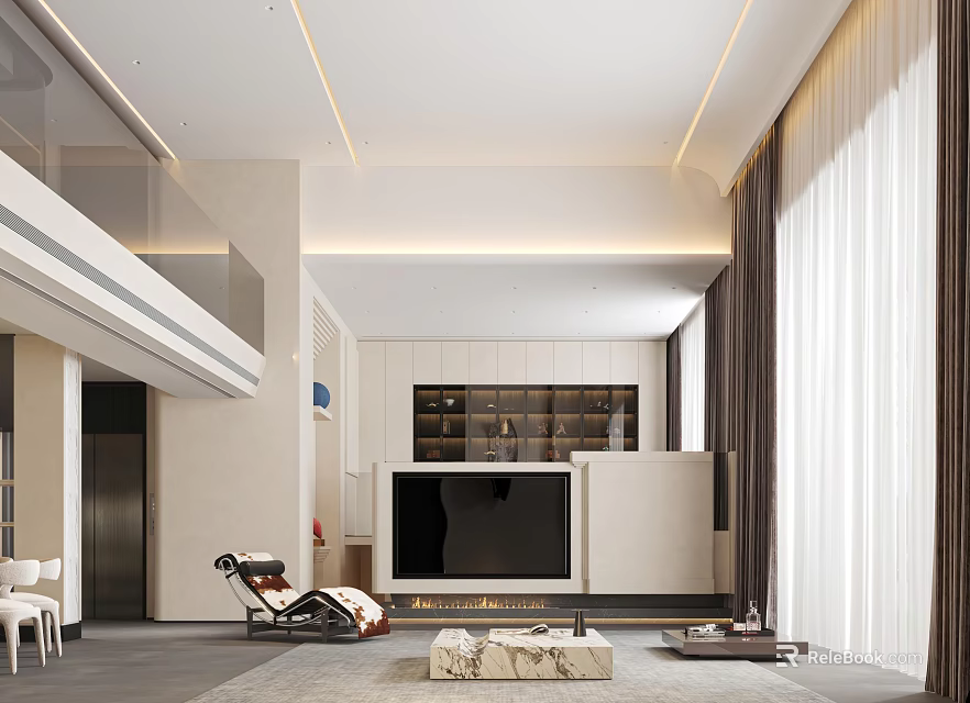 Modern Living Dining Room Interior Design With TV Wall Sofa And Floor to Ceiling Curtains 3d model 