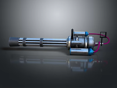 Multi Barrel Mechanical Device Featuring Silver Metal Structure Blue Components And Pink Cables 3d model
