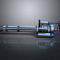 Multi Barrel Mechanical Device Featuring Silver Metal Structure Blue Components And Pink Cables