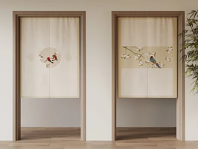 Traditional Japanese Sliding Doors With Embroidered Bird And Flower Patterns 3d model