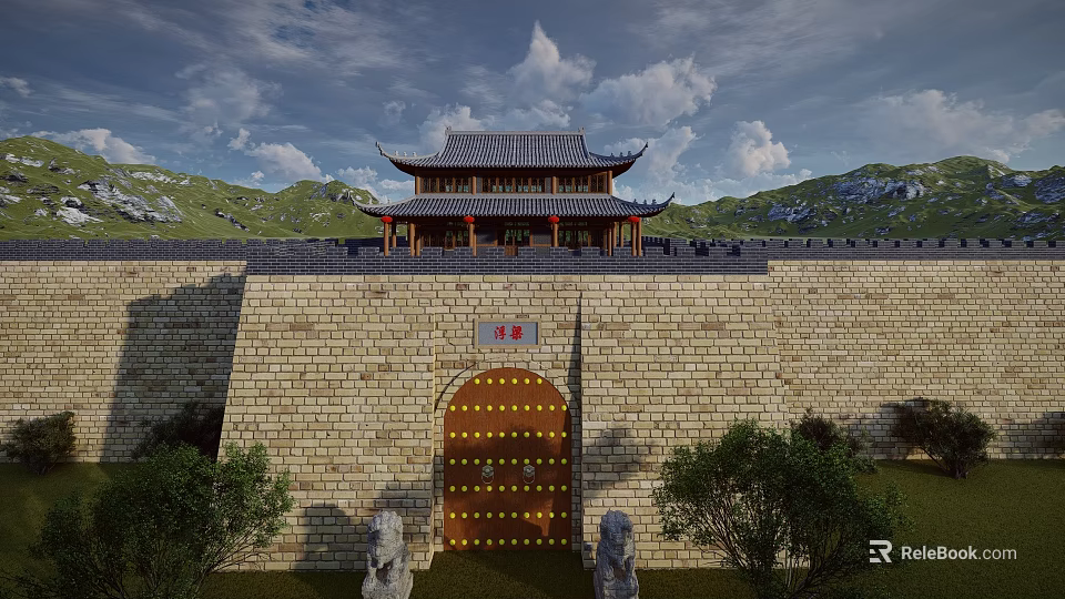 Chinese Ancient Architecture With Pagoda Tower City Wall Wooden Gate And Stone Lions 3d model 