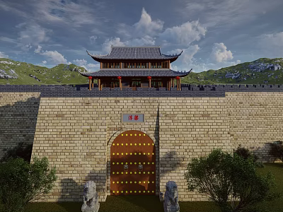 Chinese Ancient Architecture With Pagoda Tower City Wall Wooden Gate And Stone Lions 3d model