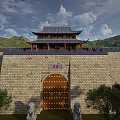 Chinese Ancient Architecture With Pagoda Tower City Wall Wooden Gate And Stone Lions