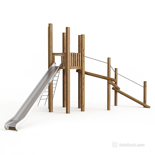 Outdoor Wooden Playground Equipment with Slide Ladder Rope and Climbing Frame 3d model 