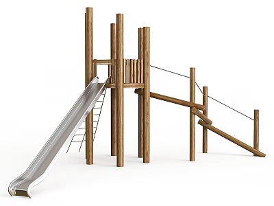 Outdoor Wooden Playground Equipment with Slide Ladder Rope and Climbing Frame 3d model