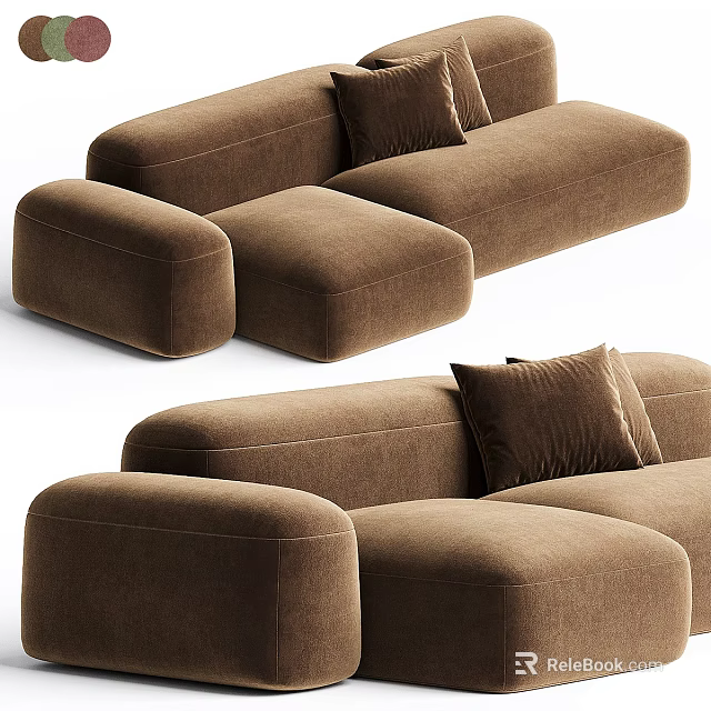 Brown Sectional Sofa With Velvet Upholstery And Plush Cushions For Living Room 3d model 