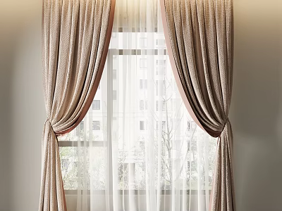 Beige Roman Curtains with Sheer Curtains at Window Featuring Trees Outside Creating Cozy Atmosphere 3d model