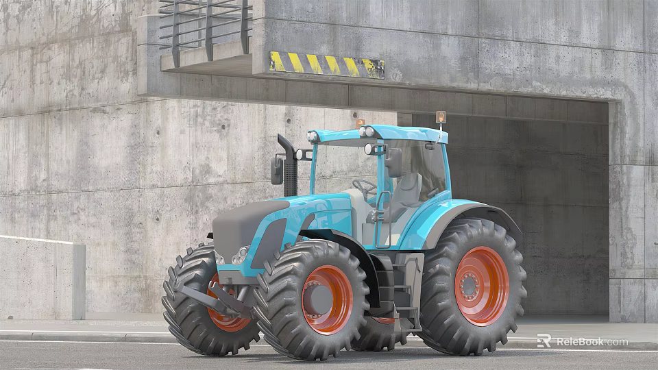 Blue Functional Tractor With Large Tires And Orange Rims In Concrete Structure 3d model 