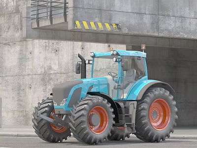 Blue Functional Tractor With Large Tires And Orange Rims In Concrete Structure 3d model