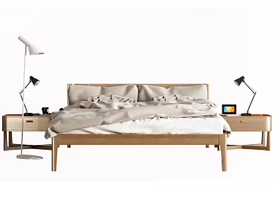 Modern Wooden Frame Double Bed With Bedside Tables Table Lamps And Light Colored Sheets 3d model