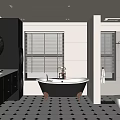 Bathroom Interior Design Featuring Black And White Geometric Floor Tiles Black Bathtub And Patterned Wallpaper