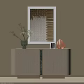 Modern Console Cabinet With Light Colored Texture Green Vase Photo Frame And Framed Artwork