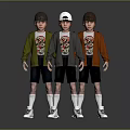 Three Boy Characters Wearing Colored Jackets Hats Black Shorts White Socks Sneakers T Shirt Prints