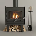 Black Wood Burning Fireplace With Flames Stacked Firewood Logs And Fireplace Tools