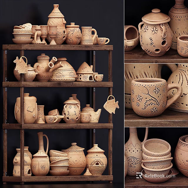 Artisanal Ceramic Vessels With Diverse Patterns Showcased On Wooden Display Shelves 3d model 