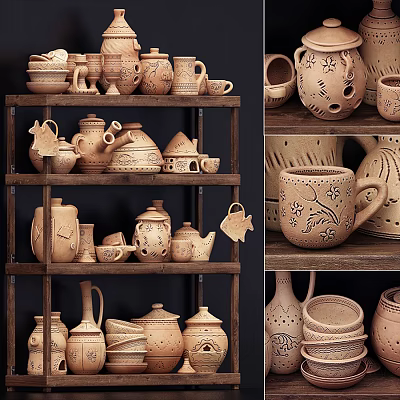 Artisanal Ceramic Vessels With Diverse Patterns Showcased On Wooden Display Shelves 3d model