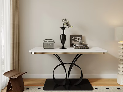Modern Console Table White Top Black Metal Curved Base with Vase Flowers Vintage Radio Books 3d model