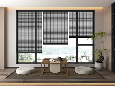 Modern Interior Curtains With Grid Blinds In Living Room Coffee Table And Window View 3d model