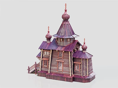 Cartoon Scene Featuring Russian Style Wooden Church With Onion Domes Purple Roofs And Brown Walls 3d model