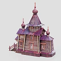 Cartoon Scene Featuring Russian Style Wooden Church With Onion Domes Purple Roofs And Brown Walls