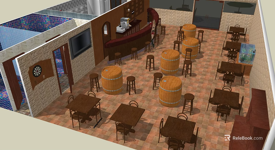 Warm Bar Interior With Wooden Barrels Tables Chairs Bar Counter And TV 3d model 