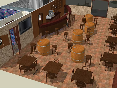 Warm Bar Interior With Wooden Barrels Tables Chairs Bar Counter And TV 3d model