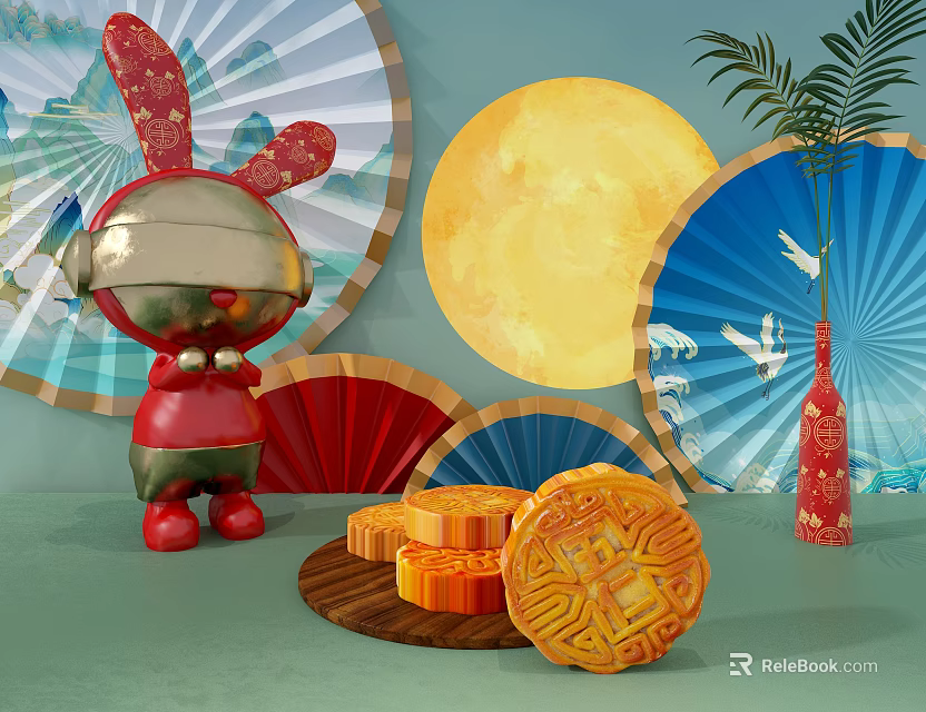 Festive Traditional Mooncakes On Wooden Plate With Red Rabbit Fans And Moon 3d model 