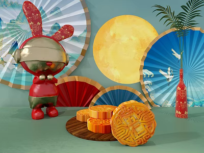 Festive Traditional Mooncakes On Wooden Plate With Red Rabbit Fans And Moon 3d model