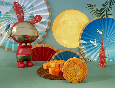 Festive Traditional Mooncakes On Wooden Plate With Red Rabbit Fans And Moon 3d model Festive Traditional Mooncakes On Wooden Plate With Red Rabbit Fans And Moon 3d model