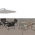 Outdoor Patio Dining Set With Woven Chairs And Metal Frame Umbrella On Wooden Deck