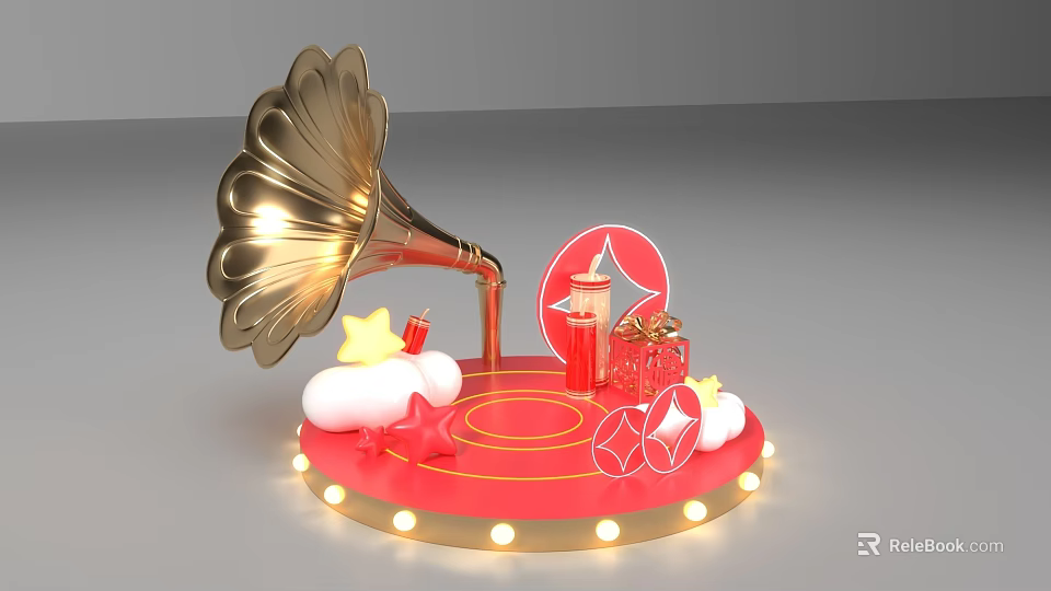 Photo Check-in Spot Featuring Golden Gramophone Red Circular Sign Star Gift Boxes Masks And Lights 3d model 