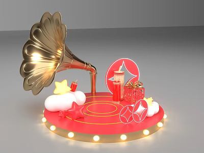 Photo Check-in Spot Featuring Golden Gramophone Red Circular Sign Star Gift Boxes Masks And Lights 3d model