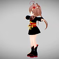 Anime Style Game Character With Cat Ears Blue Eyes Long Brown Hair And Black Dress