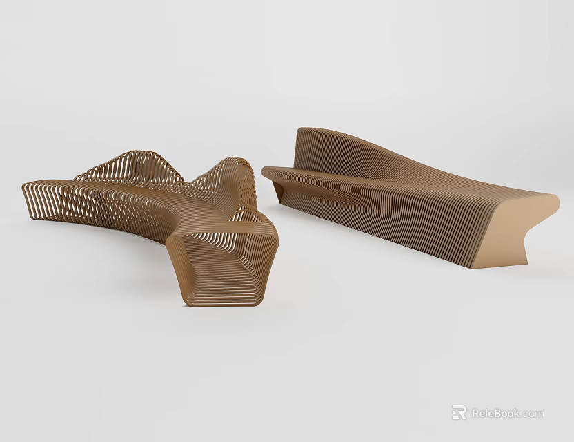 Two Brown Outdoor Chairs With Curved Design And Hollowed Stripe Pattern 3d model