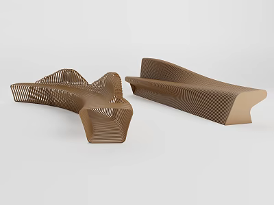 Two Brown Outdoor Chairs With Curved Design And Hollowed Stripe Pattern 3d model